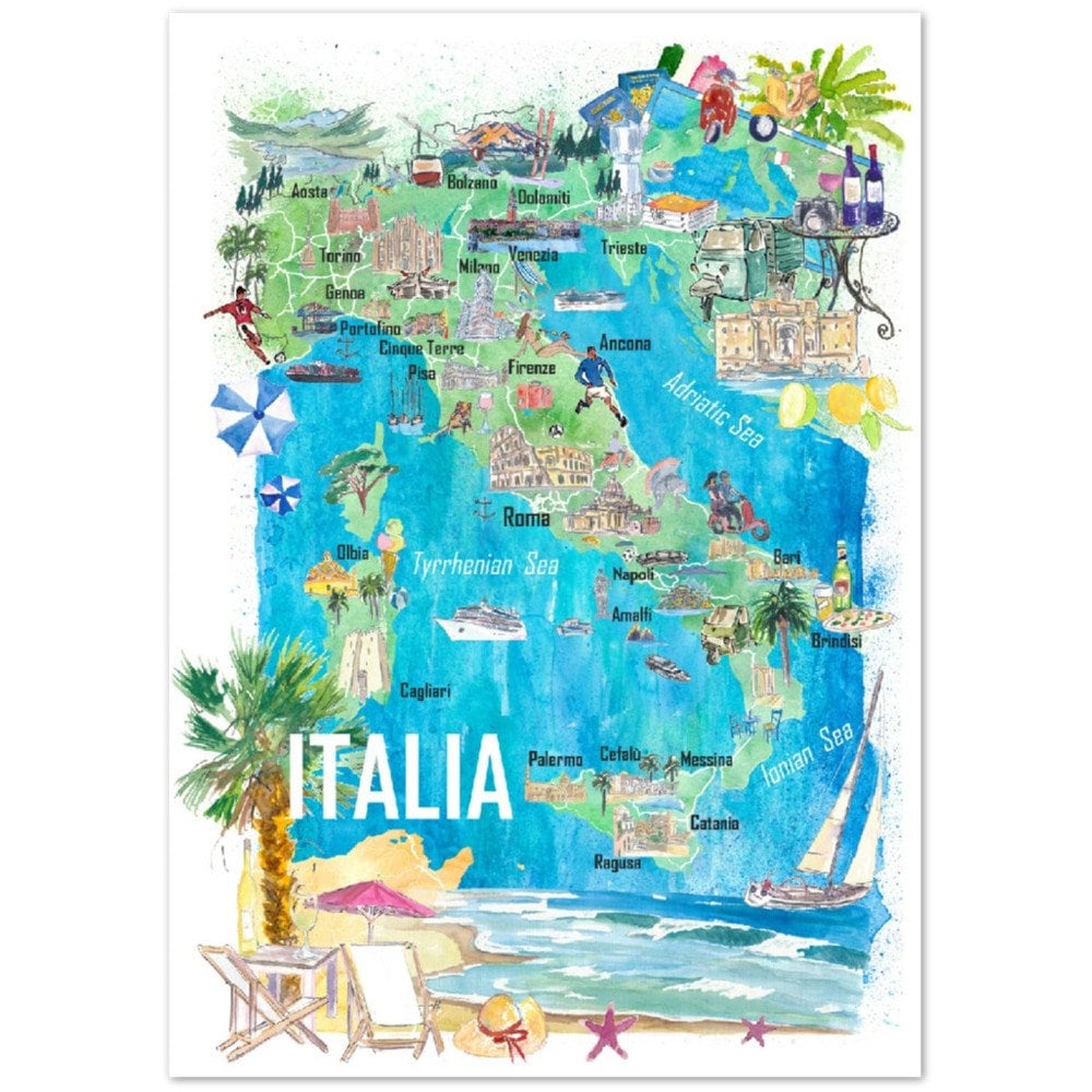 イタリアの地図入り額装 イラスト入りイタリア地図プリント – 地中海旅行の思い出を旅行者や