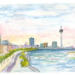 Impressionistische skyline van Düsseldorf bij zonsondergang - Limited Edition Fine Art Print - Origineel schilderij beschikbaar