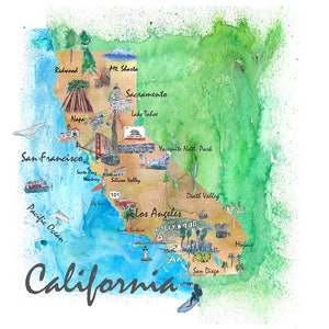 USA California State Fine Art Print Carte illustrée rétro vintage avec des points forts touristiques