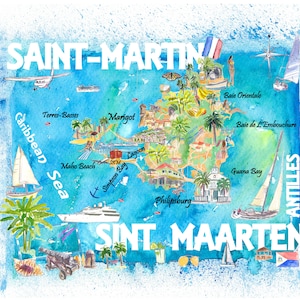 Saint-Martin Sint Maarten Antillen Illustrierte Karibik Reisekarte mit Highlights von West Indies Island Dream