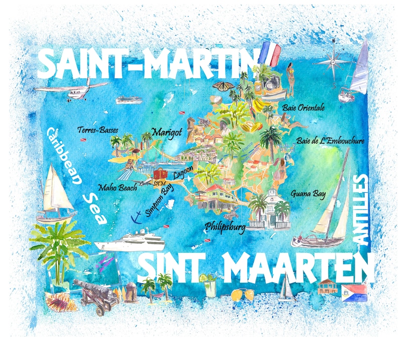 Saint-martin Sint Maarten Antilles Illustrated Caribbean Travel Map ...