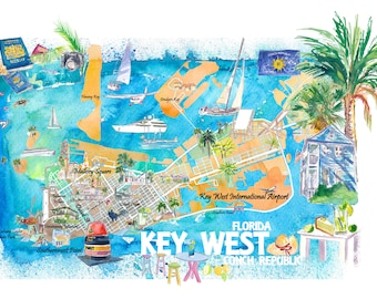 Key West Florida Illustrated Travel Map with Roads and Highlights