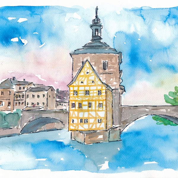 Bridge In Bamberg Bavaria with City Hall Painting - Limited Edition Fine Art Print available