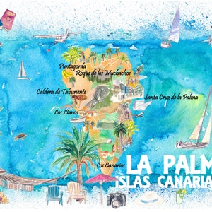 La Palma Geïllustreerde Reiskaart met Wegen en Toeristische Hoogtepunten