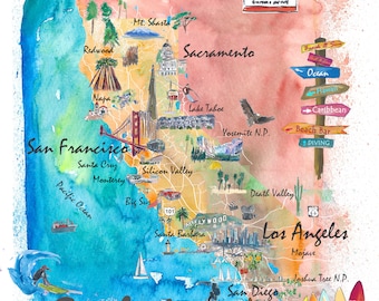 California Illustrated Map With Tourist Highlights and Roads