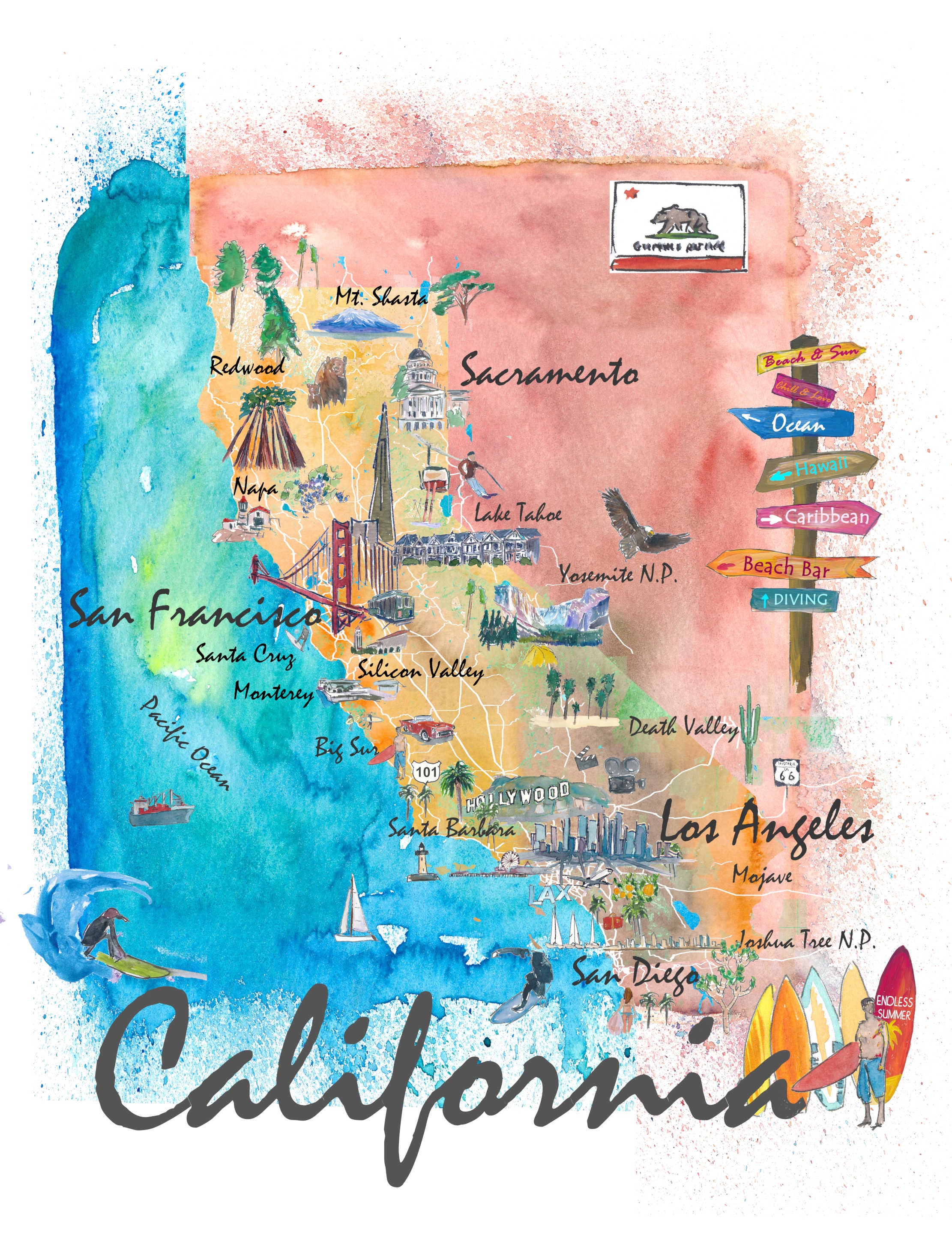 California Illustrated Map With Tourist Highlights and Roads