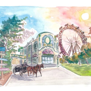 Vienna Austria Prater with Ferris Wheel and Signpost - Limited Edition Fine Art Print - Original Painting available