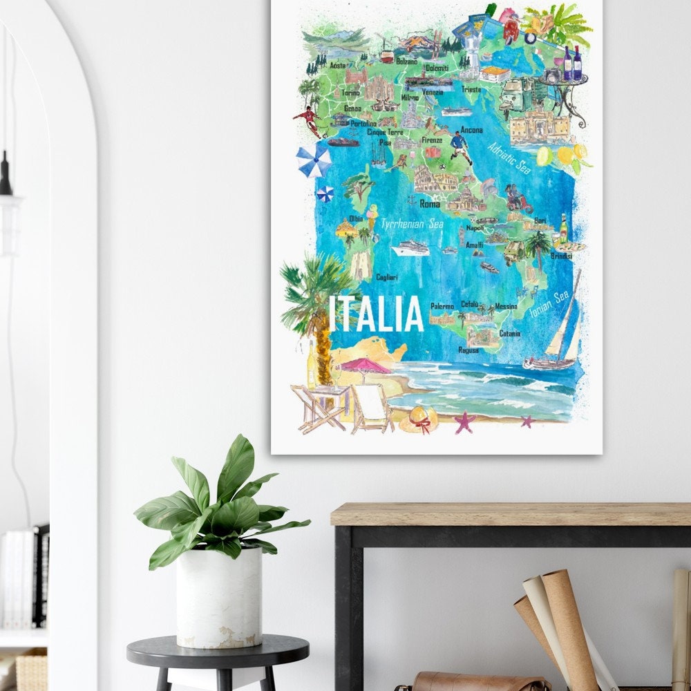 イラスト入りイタリア地図プリント – 地中海旅行の思い出を旅行者や