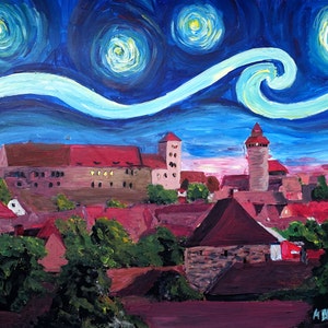 Starry Night in Nuremberg Germany with Castle and Van Gogh Inspirations - Fine Art Print Giclee (Original available)