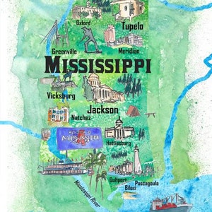 Carte d'affiche de voyage de l'État du Mississippi aux États-Unis avec les points forts touristiques