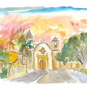 Carmel by the Sea, California Mission bij zonsondergang.- Limited Edition Fine Art Print - Origineel schilderij beschikbaar
