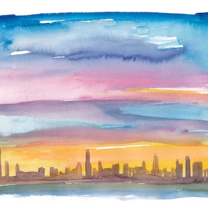 Chicago Illinois Skyline in Golden Sunset Mood - Limited Edition Fine Art Print - Original Painting available