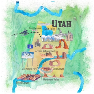 USA Utah State Travel Poster Geïllustreerde Kunst Kaart - Fine Art Print