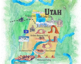 USA Utah State Reseaffisch Illustrerad Konstkarta - Konsttryck