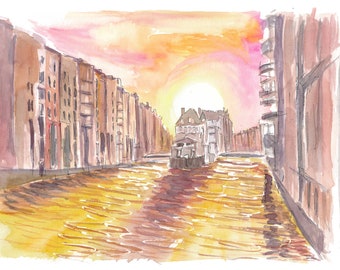 May include: Watercolour painting of a canal in a city with buildings on either side. The sky is a soft pink and orange, and the water is a golden yellow. A boat is in the middle of the canal.