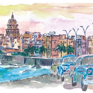 May include: A watercolor painting of a cityscape with a large building in the background and a blue car driving in the foreground. The city is painted in shades of brown, yellow, and pink, while the car is painted in shades of blue and gray. The water in the foreground is painted in shades of blue and green.