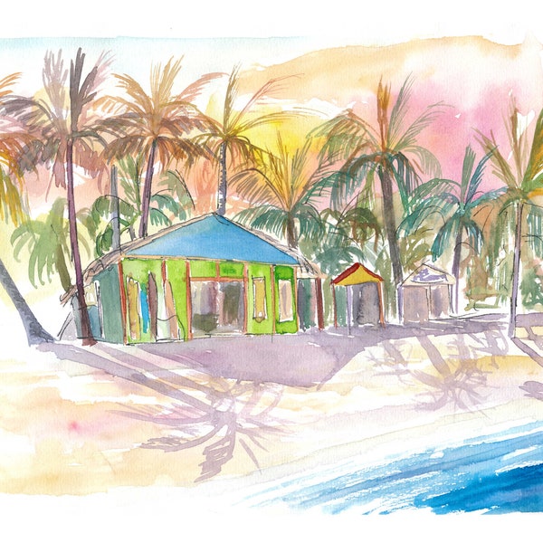 Dominican Republic Beach in Punta Cana with Shops - Limited Edition Fine Art Print - Original Painting available