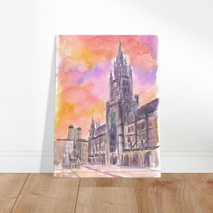 Marienplatz de Munique com a Prefeitura, Frauenkirche e um céu em chamas - Impressão artística de edição limitada - Pintura original disponível