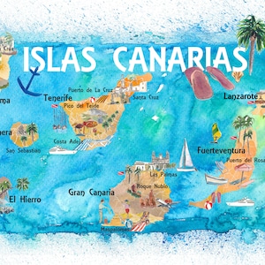Carte de voyage illustrée des îles Canaries avec Tenerife, Gran Canary, Lanzarote, Fuerteventura La Palma Gomera et Hierro image 2