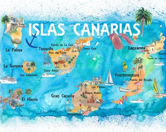 Canary Islands Map Print – Illustrated Travel Wall Art Gift for Tenerife Lovers & Island Travelers
