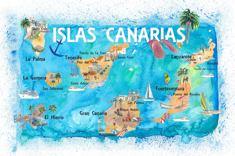 Carte de voyage illustrée des îles Canaries avec Tenerife, Gran Canary, Lanzarote, Fuerteventura La Palma Gomera et Hierro image 2