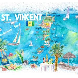 Carte de voyage illustrée des Antilles Saint-Vincent-Grenadines avec routes et points forts