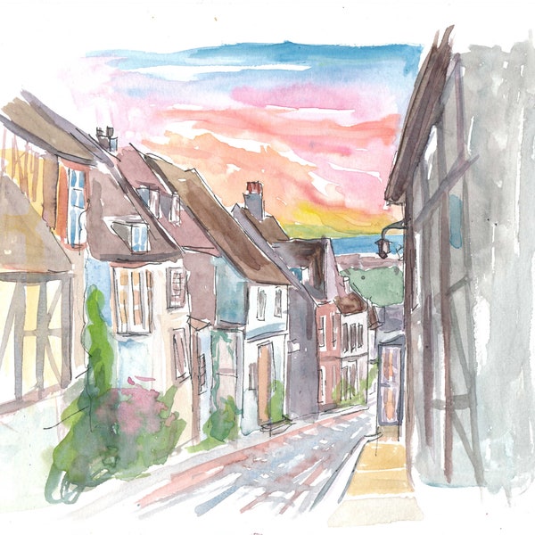 Romantische Rye Mermaid Street mit Blick auf East Sussex - Limitierter Fine Art Print - Original Gemälde erhältlich