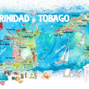 Trinidad & Tobago Antilles Illustrierte Reisekarte mit Straßen und Highlights