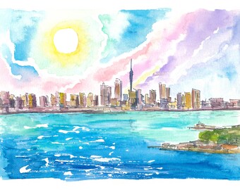 Amazing Auckland New Zealand Skyline from the Sea - Limited Edition Fine Art Print - Original Painting available