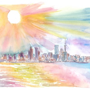 Auckland New Zealand Skyline Waterfront with Sunset - Limited Edition Fine Art Print - Original Painting available