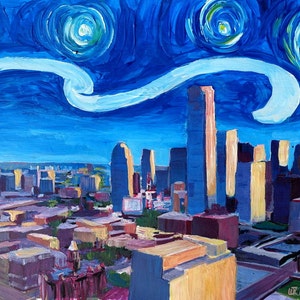 Starry Night in Dallas - Van Gogh Inspirations with Texas Impressive Skyline at Dusk - Limited Edition Fine Art Print / Original Painting