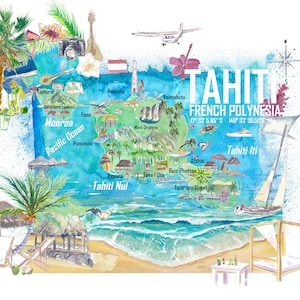 Tahiti Illustrierte Reisekarte mit Straßen und Highlights Fine Art Print