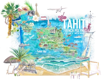 Tahiti Illustrated Travel Map with Roads and Highlights Fine Art Print