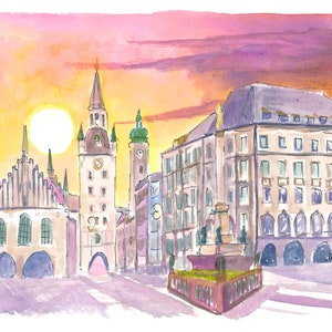 München Marienplatz Gamla rådhuset på morgonen - Konsttryck i begränsad upplaga - Originalmålning tillgänglig