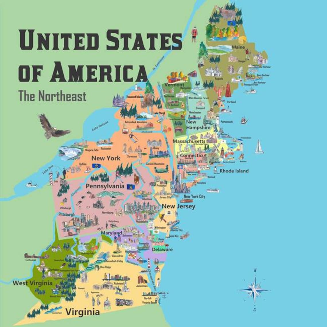 USA Northeast States Colorful Travel Map Va Wv Md Pa Ny Ms Ct Etsy