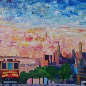 San Francisco Cable Car With Skyline and Bay - Limited Edition Fine Art Print/Original Canvas Painting