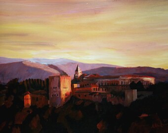 Alhambra Granada Spain with snow covered Mountains from Albaicín