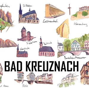 Op de afbeelding: Een aquarel-illustratie van bezienswaardigheden in Bad Kreuznach, Duitsland. De illustratie omvat de Saline, de Rotenfels, de St. Nikolauskerk, de Kreuzkirche, de Fidschenturm, de Brückenhäuser, het Magiste Faust Huis, de Eiermarkt en de Nale. De illustratie is in een lichtblauwe, roze en groene kleurenpalet.
