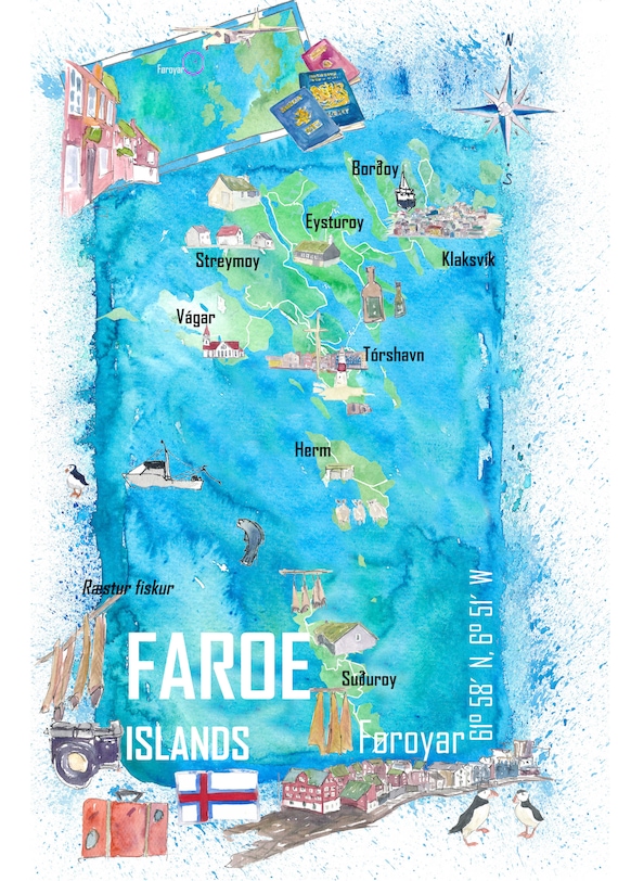 Faroe Islands Illustrated Travel Map With Touristic Highlights | Etsy