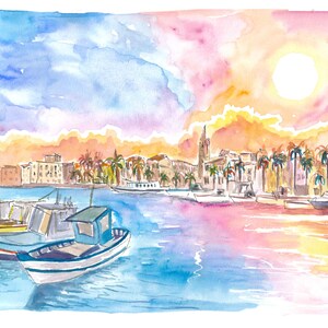 Romantic Harbour Sunset in Coastal Provence in Southern France - Limited Edition Fine Art Print - Original Painting available