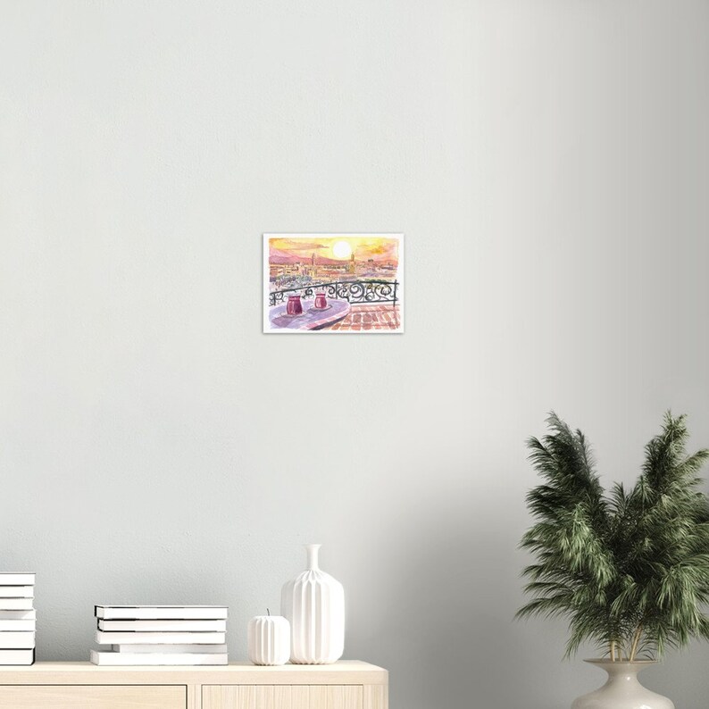 Amazing Marrakech Morocco Rooftop Romance with Tea and Fna Square - Limited Edition Fine Art Print - Original Painting available 12 x 8 inches