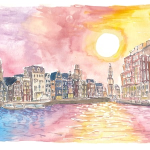 Amsterdam View of Amstel and Munttoren at Sunset - Limited Edition Fine Art Print -