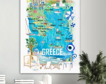 Greece Illustrated Travel Map in Mediterranean Aegean Adriatic Seas with Roads and Tourist Highlights