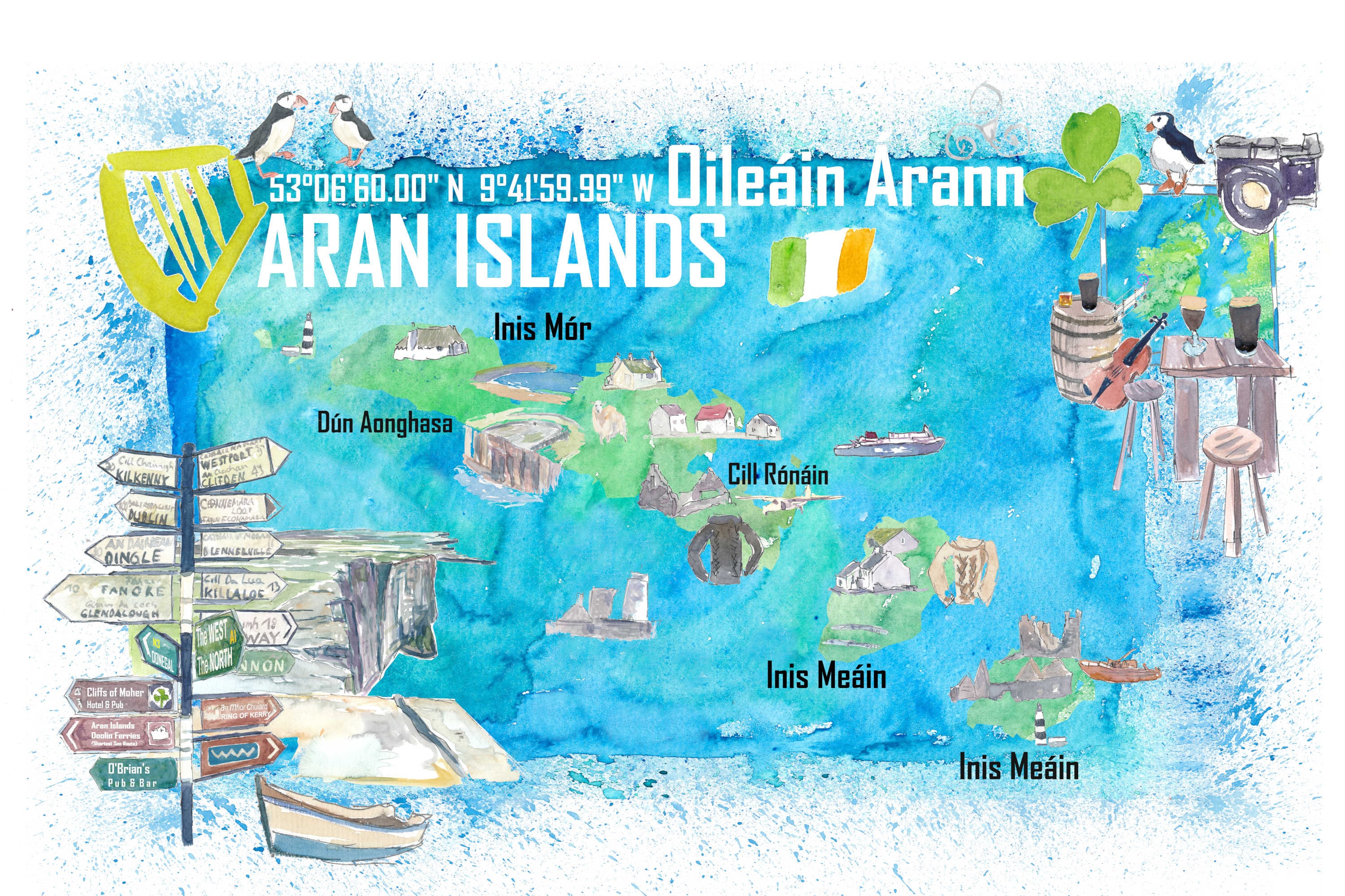 Aran Islands Ireland Illustrated Travel Map with Tourist Highlights - Signpost Edition