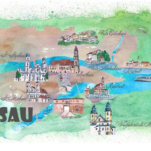 Passau Favorite Map with touristic Top Ten Highlights - Fine Art Print