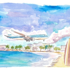 Fascinating Sint Maarten Maho Beach Scene with Plane Landing - Limited Edition Fine Art Print - Original Painting available
