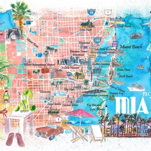 Miami Florida Illustrierte Reisekarte mit Straßen und Highlights