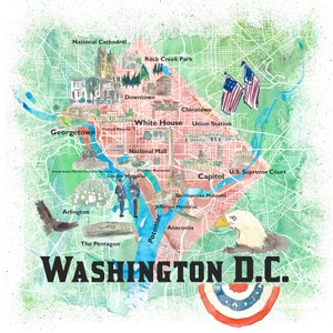Washington DC USA Mapa ilustrado con puntos de referencia y puntos destacados de las carreteras principales
