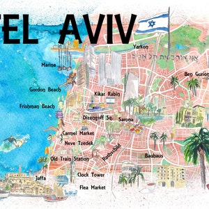 Tel Aviv Israël Geïllustreerde kaart met wegen, oriëntatiepunten en hoogtepunten - Fine Art Print Retro Vintage kaart met toeristische hoogtepunten