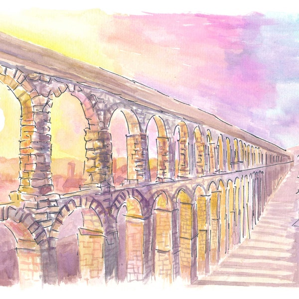 Roman Aqueduct of Segovia Spain in Late Sun - Limited Edition Fine Art Print - Original Painting available